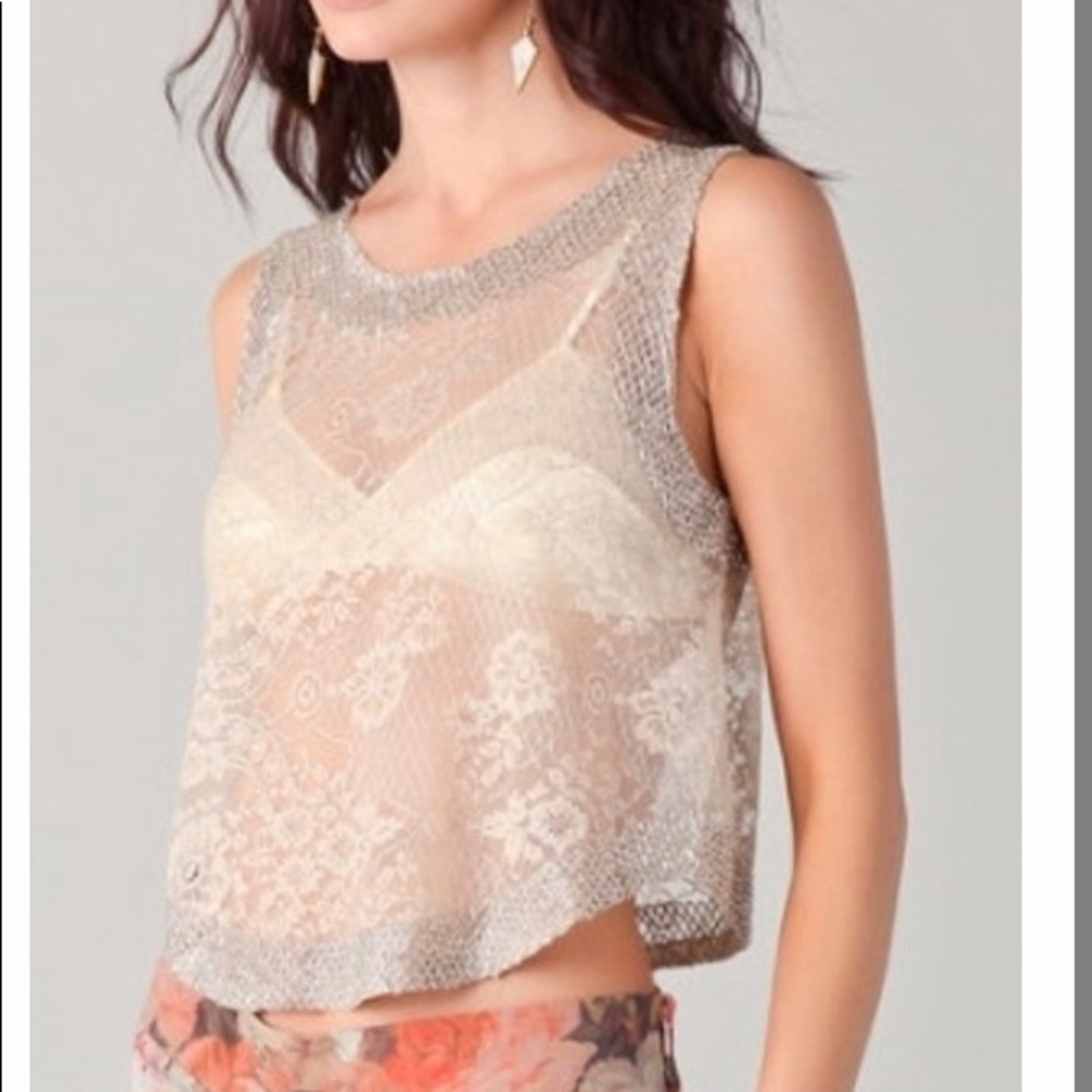 Haute Hippie Ivory Lace Embellished Tank, Small